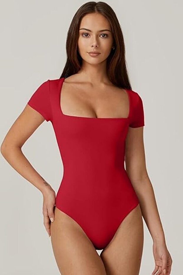 Women Short Sleeve Square Neck Double Layer Silk Jersey Bodysuit K34
