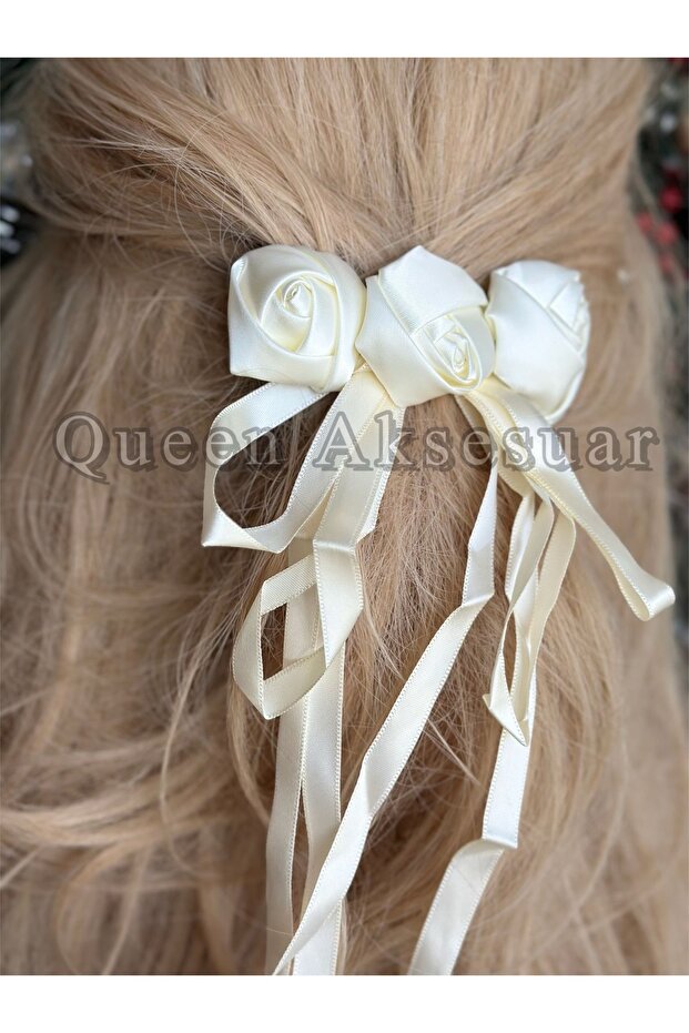 Luxury Satin 3 Rose Fancy Ribbon Bow Long Pendant Tail Automatic Buckle Cream White
