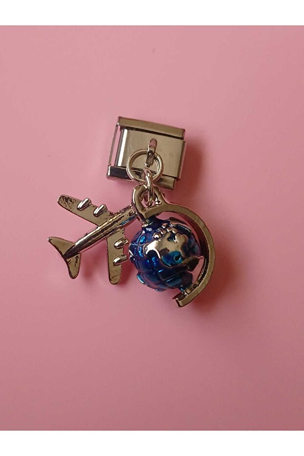 World and Airplane Motif Hanging Italian Bracelet Matching Charm