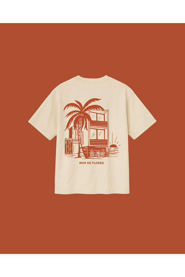 Beige Color Oversize Mar De Flores Summer Themed Printed Unisex T-Shirt T-Shirt