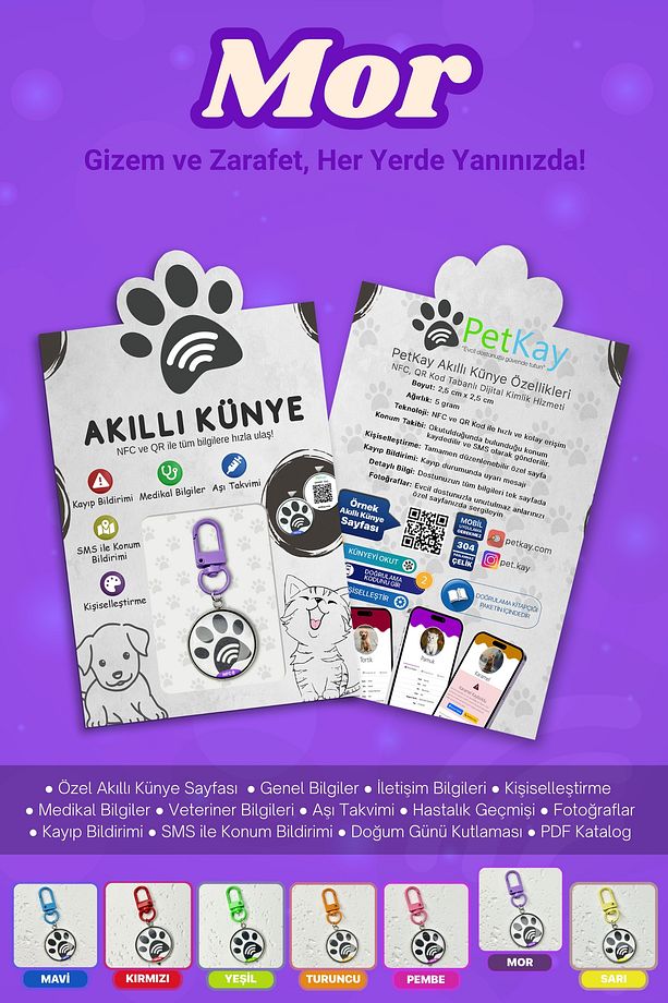 İsimli Köpek Tasması, Akıllı Künye, Nfc Dijital Isimlik Ve Tasma Künyesi Qr Kod Künye P. Çelik Mor - 7
