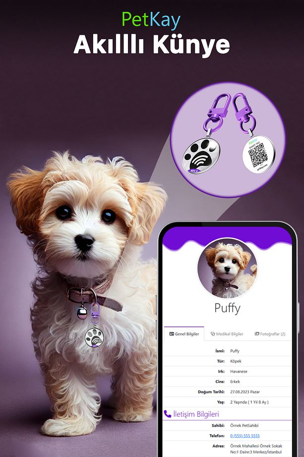 İsimli Köpek Tasması, Akıllı Künye, Nfc Dijital Isimlik Ve Tasma Künyesi Qr Kod Künye P. Çelik Mor - 1