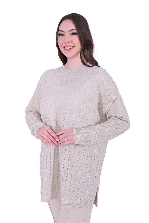 İNVEE 7063 Simli Bej Triko Tunik - 1