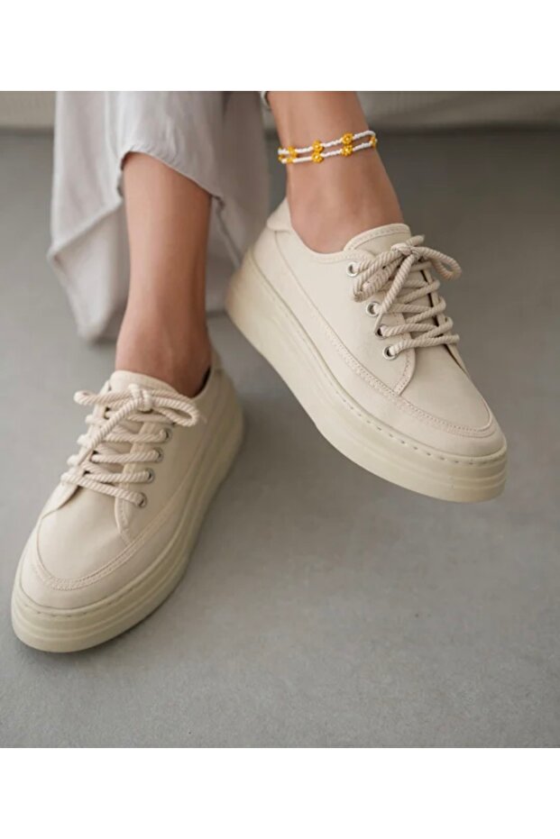 Mıla Sneaker Yüksek Bağcıklı Bez Canvas Orijinal Keten Spor Ayakkabı Kotnel - 6