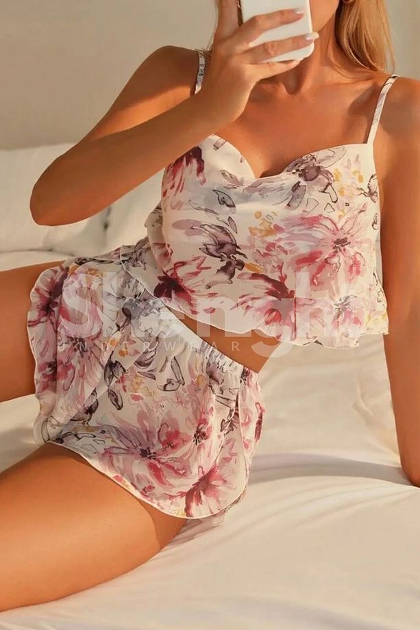 Pijama Takımı Şortlu Tül Çicek Detaylı Gecelik Sabahlık Takımı - 2