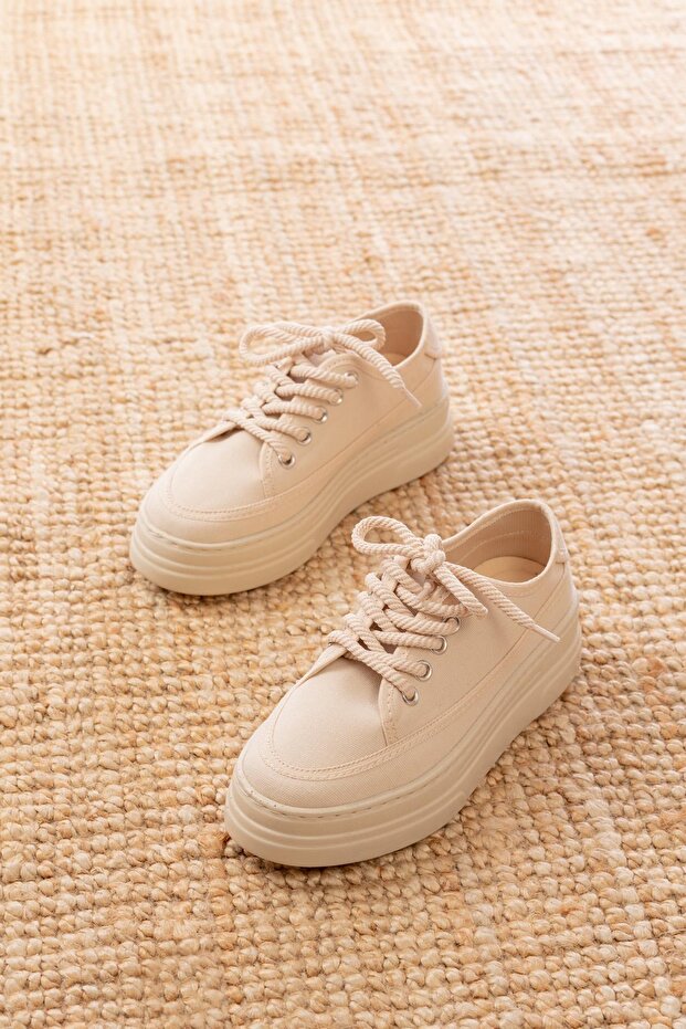 Mıla Sneaker Yüksek Bağcıklı Bez Canvas Orijinal Keten Spor Ayakkabı Kotnel - 4