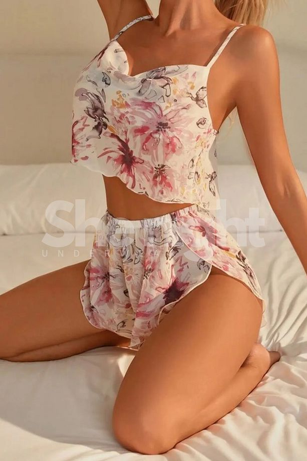 Pijama Takımı Şortlu Tül Çicek Detaylı Gecelik Sabahlık Takımı - 3