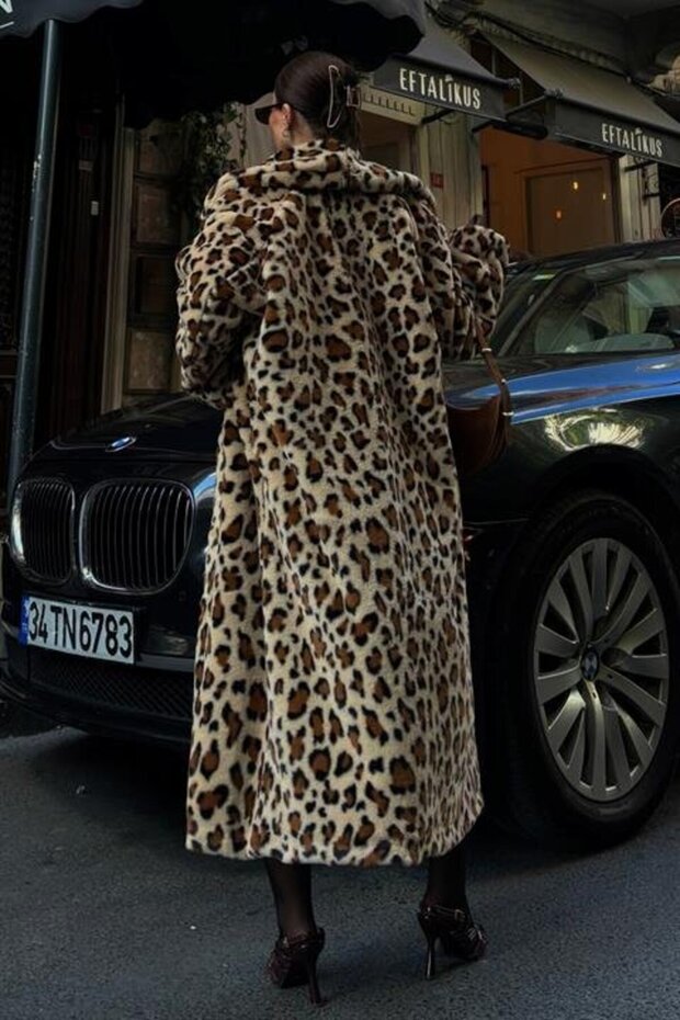 Palton de pluș căptușit cu model leopard 7065 - 5