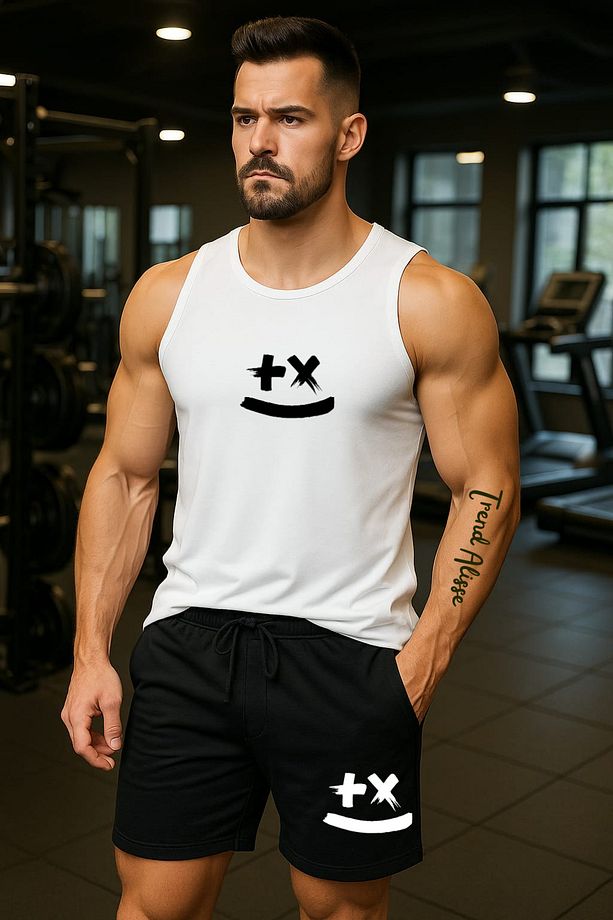 Erkek Spor Atlet ve Şort Takım - Gülenyüz Baskılı Fitness Gym Atlet ve Şortu - 1