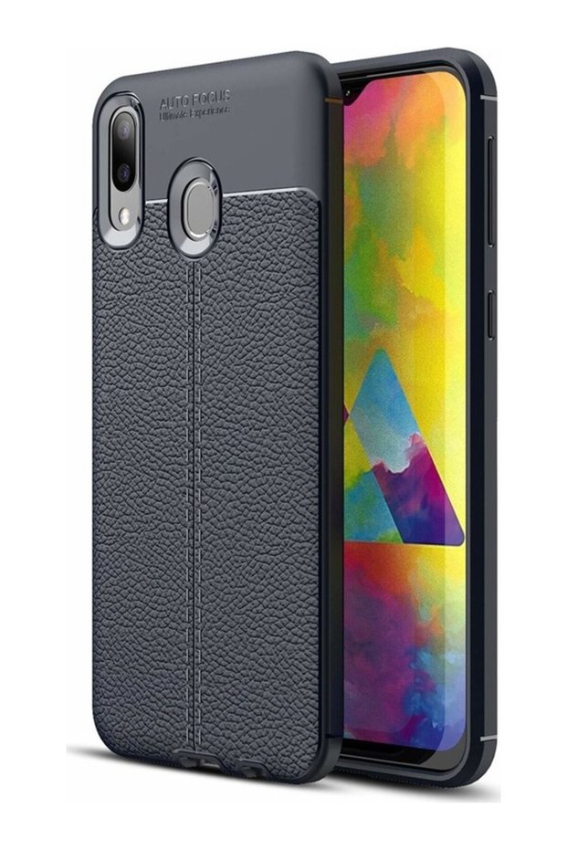 Galaxy M20 Case Leather Pattern Luxury Niss Silicone Navy Blue + Full Screen Protector