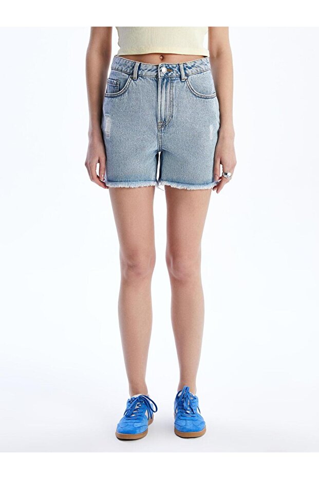 Slim Fit Ripped Detailed Denim Shorts