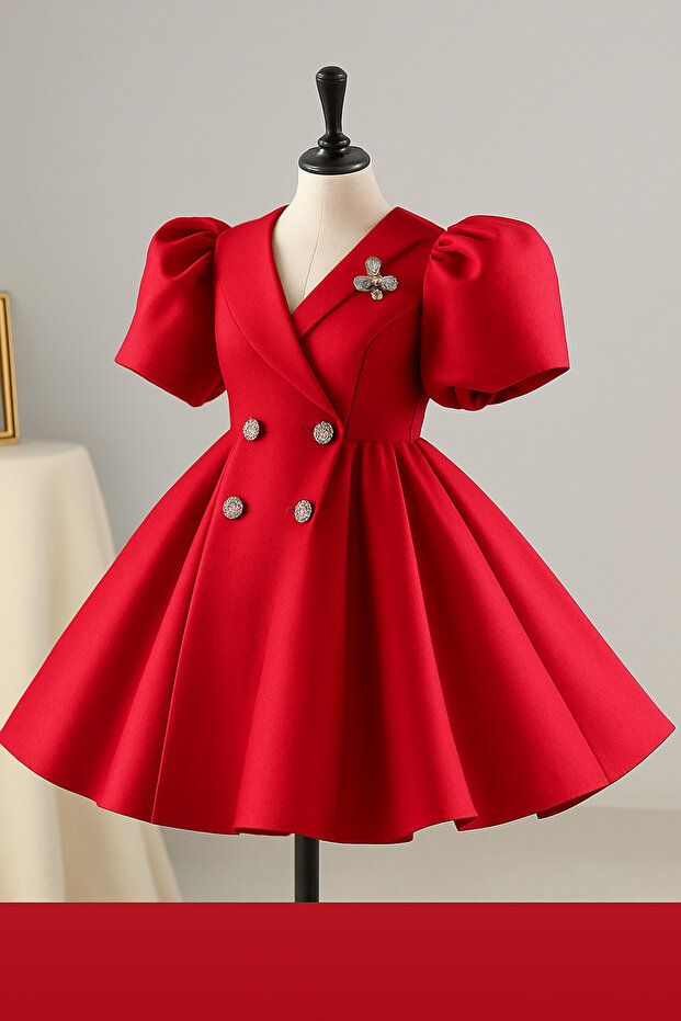 Custom Designed Umay Model Red Girl's Formal Dress with Stone Accessories