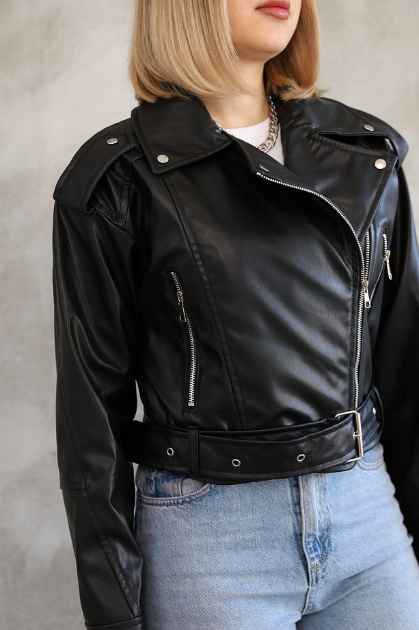 Kemerli Oversize Crop Deri Ceket - 6