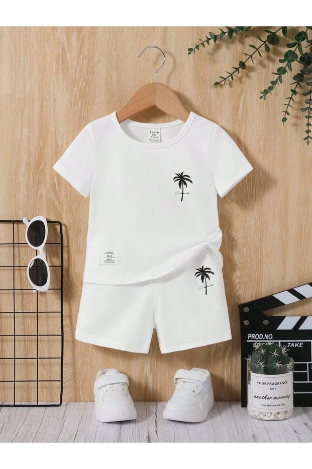 Palm Tree Printed White 100% Cotton Kids Suit