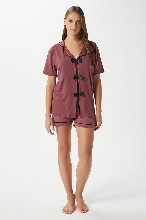 Kadın Violet Gülkurusu Şortlu Fiyonklu Alt Üst Pijama Takımı - 8