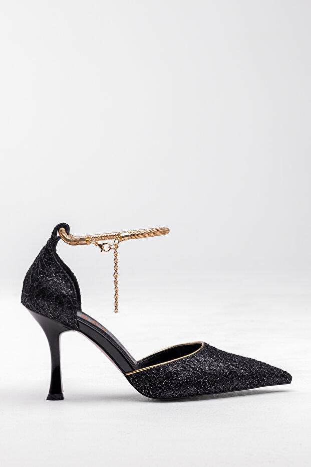 Glamorous Stone & Pearl Detailed Lace Overlay Stylish Heeled Shoes Special Design Gold Ankle Strap