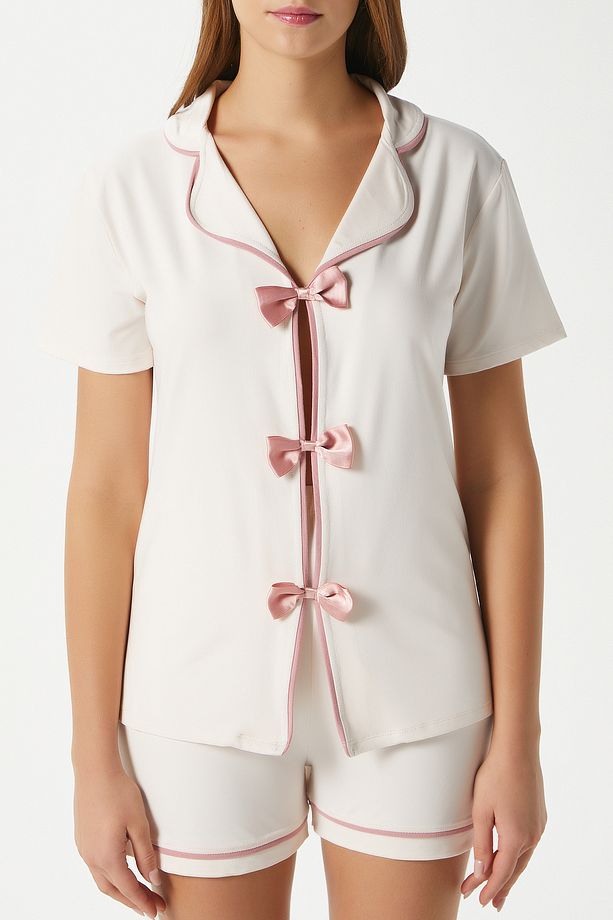 Kadın Violet Ekru Şortlu Fiyonklu Alt Üst Pijama Takımı - 4