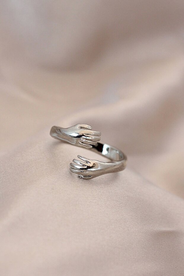 Adjustable Silver Color Metal Hugging Hands Model Ring
