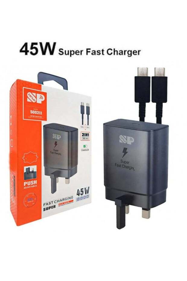 محول سفر للشحن السريع PD بقوة 45 وات مع كابل USB-C إلى USB-C