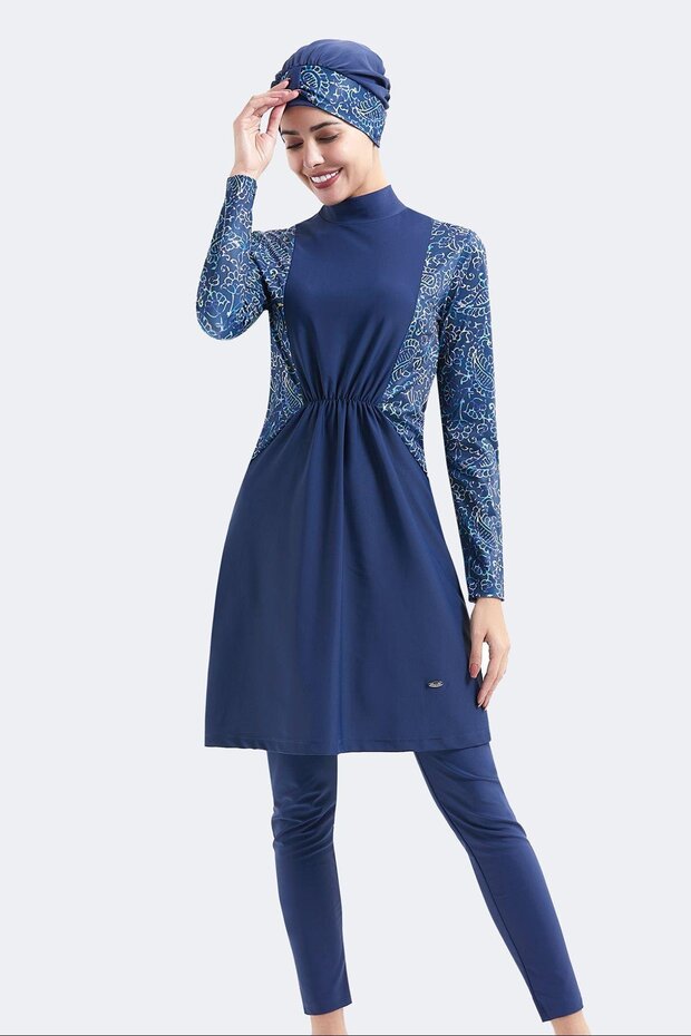 Full Covered 4-Piece Gathered Hijab Swimsuit C14032 Navy Blue