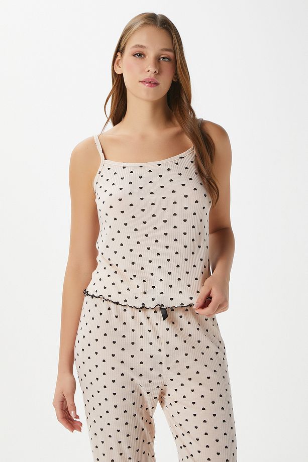 Kadın June Askılı Kalp Desen Pudra Alt Üst Pijama Takımı - 3