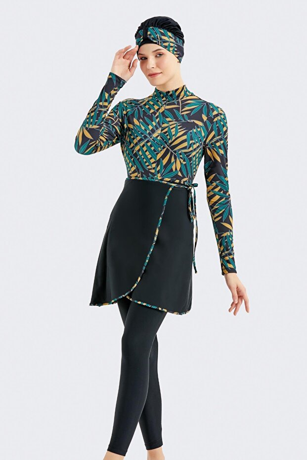 Fully Covered Hijab Swimsuit with Skirt and Tights C13059 Green