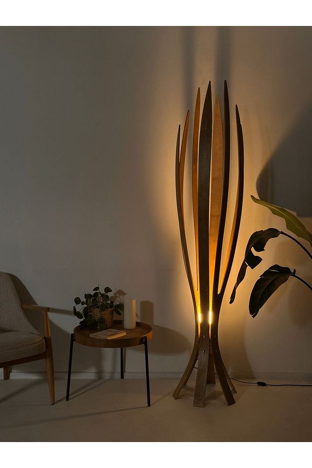 ''Hedra Lambader, İskandinav Tarzı Ahşap Lambader, Dekoratif Yer Lambası, Modern Salon Aydınlatma'' - 6