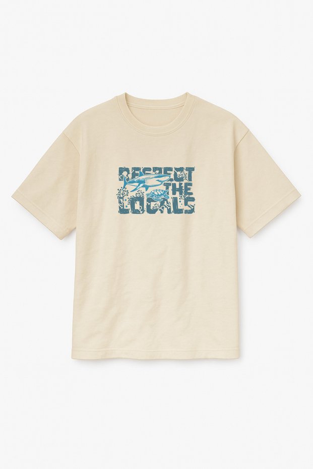Beige Color Oversize Respect the Locals Shark Printed Unisex T-Shirt T-Shirt