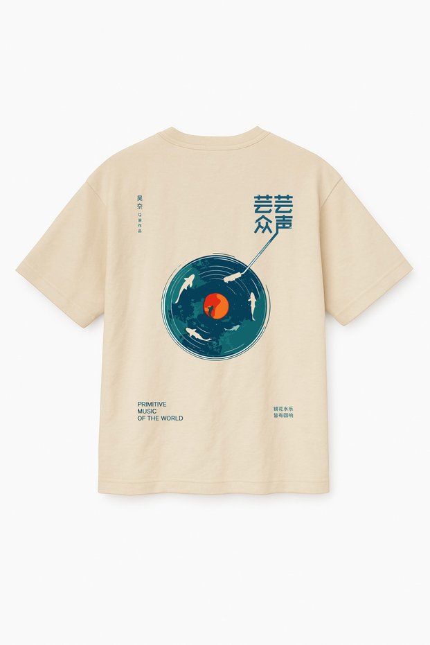 Beige Color Oversize Music Record Printed Fish Detailed Printed Unisex Oversize T-Shirt T-Shirt
