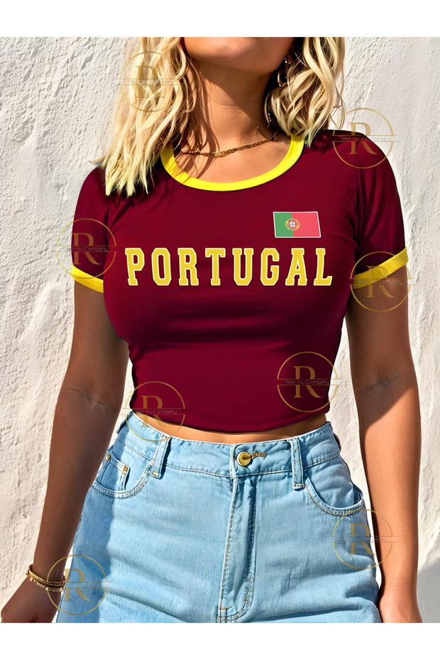 Yellow Piping Detailed Brazil, Portugal, Jamaica Printed Stretch Fabric Crop T-Shirt