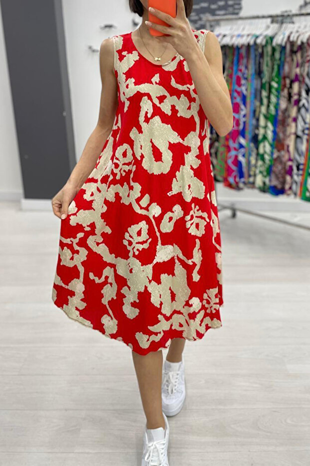 Women's Red Patterned Sleeveless Midi Dress