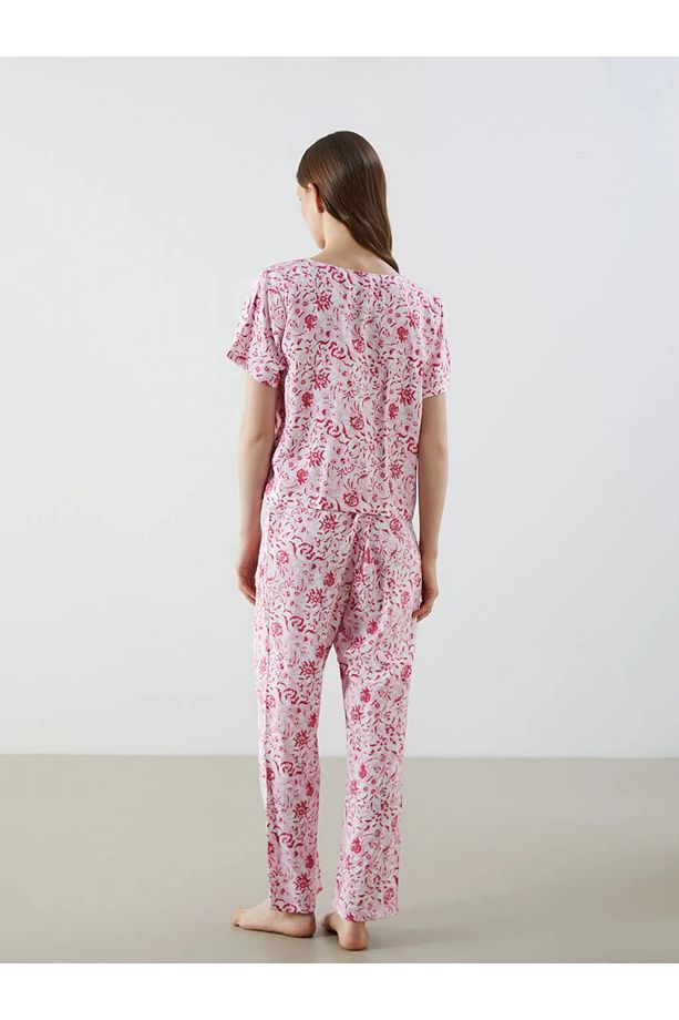 LCW DREAM Ekru V Yaka Desenli Kadın Pijama Takımı - 3