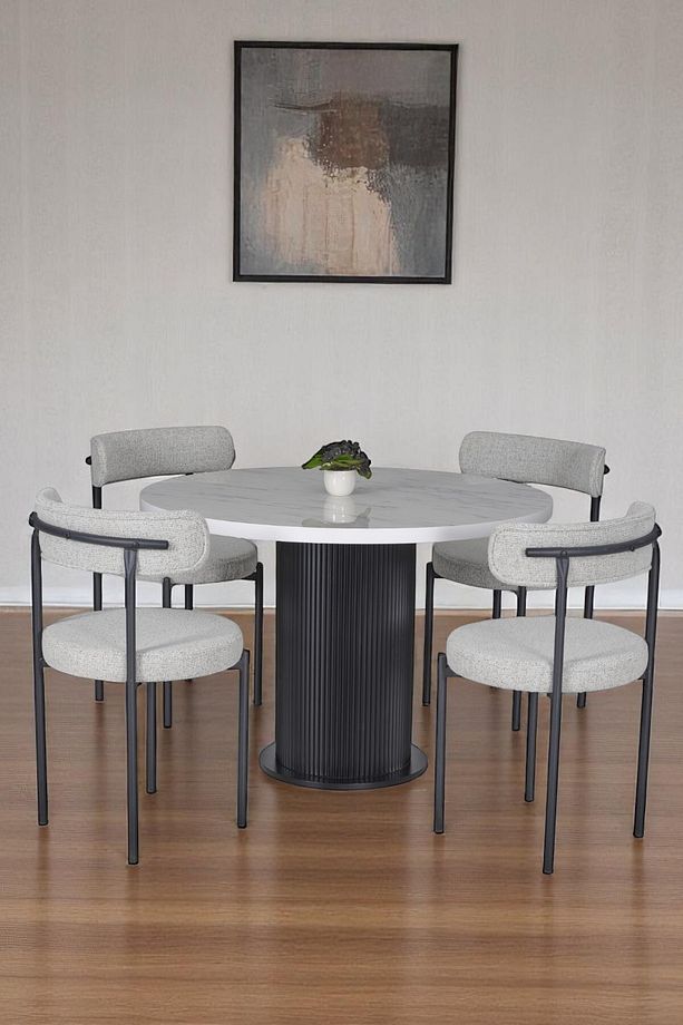Nil Beyaz Lake Panel Yuvarlak Masa Takımı ve 4 Adet Krem Sandalye – Modern Şık Tasarım - 1