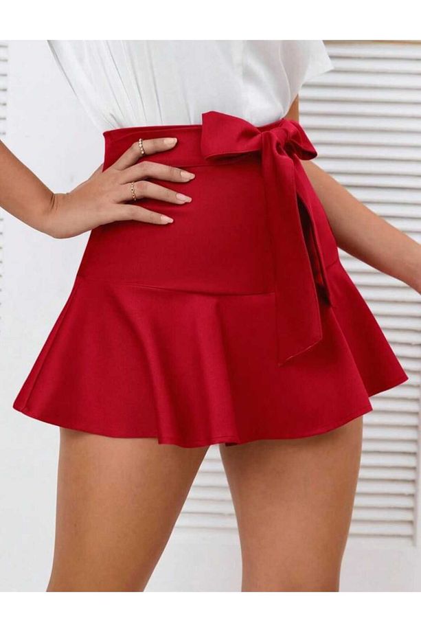 Beli kuşaklı Volanlı içi taytlı mini etek - 2
