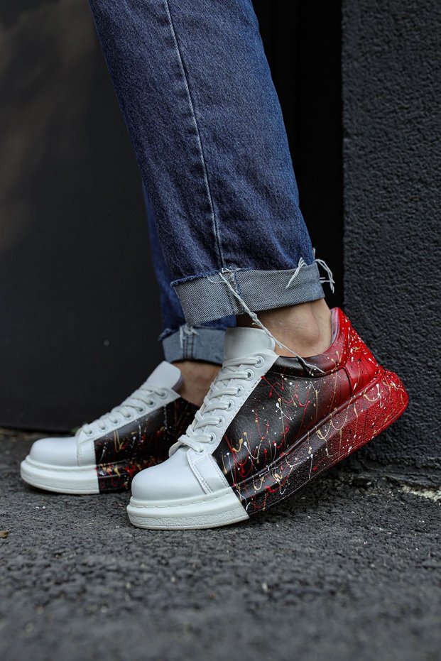 Lace-Up Printed Men's Sports Shoes White Red Black Spray