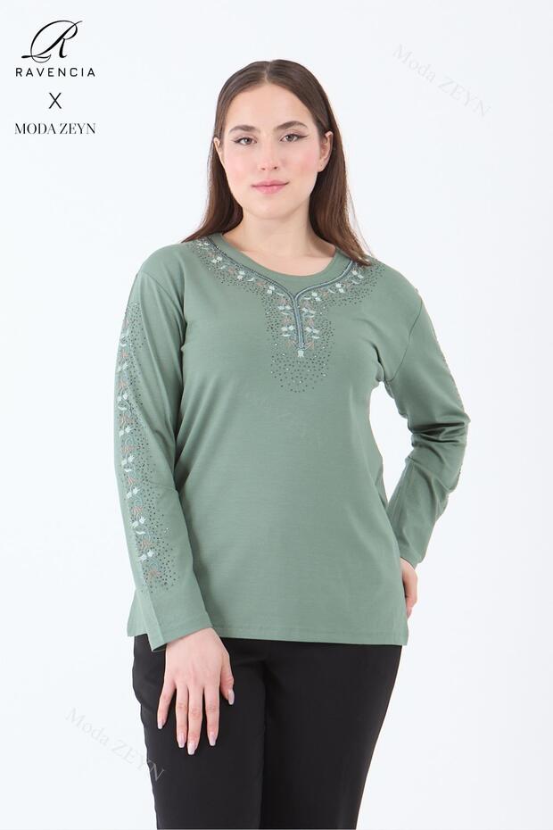 Women's Green Stripe Floral Patterned Stoned Slit Lycra Viscose Mother Combed Cotton Blouse