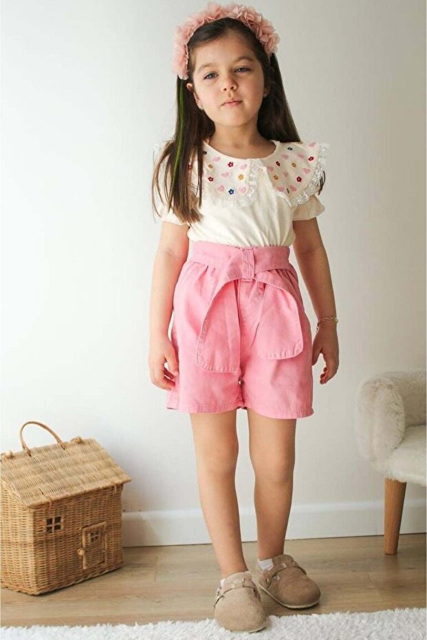 Baby Collar Embroidery Denim Shorts Girl's Bottom Top Set
