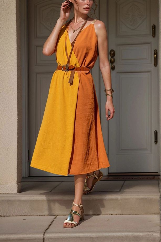 Kadın Hardal Hasır Askılı Kruvaze Color Block Airobin Elbise Bcbsk-25700-2922 - 1