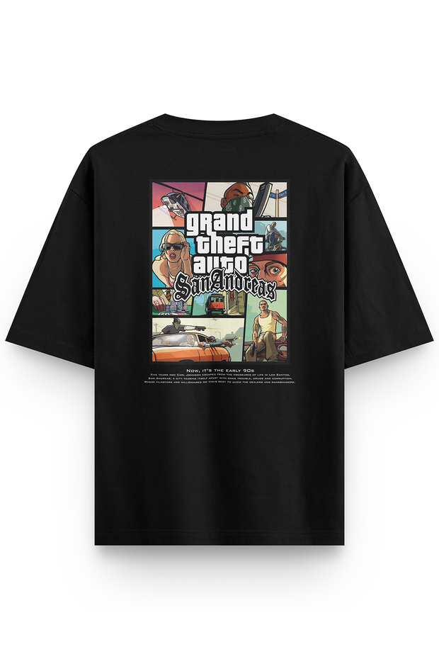 تي شيرت Gta San Andreas Back مطبوع Semi قصة فضفاضة أسود 1364