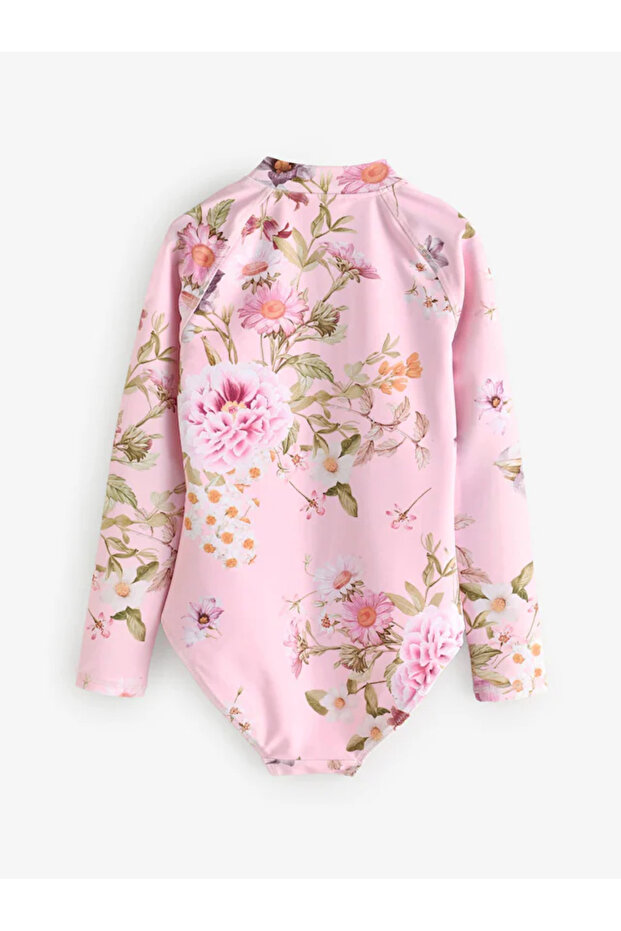 One Piece Long Sleeve Pink Floral Print Swimsuit Alye76816