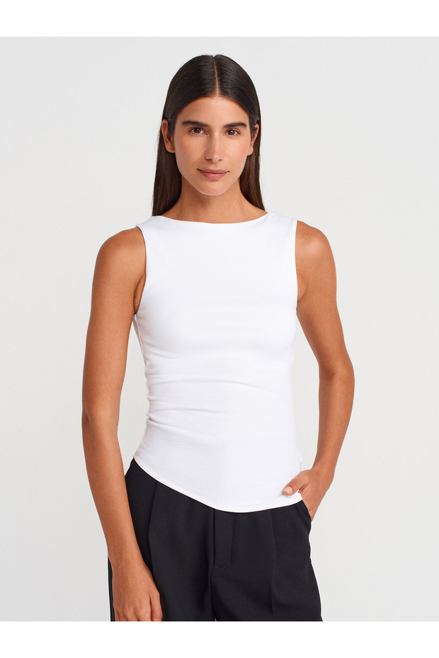 21061 Asymmetrical Draped Sleeveless Ball-White