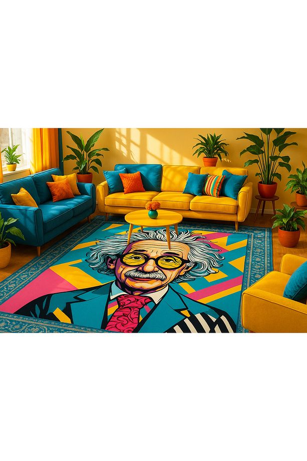 Albert Einstein Dekoratif Kaymaz Pamuk Taban Halı - 1