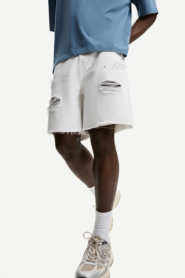 Distressed denim bermuda şort - 4
