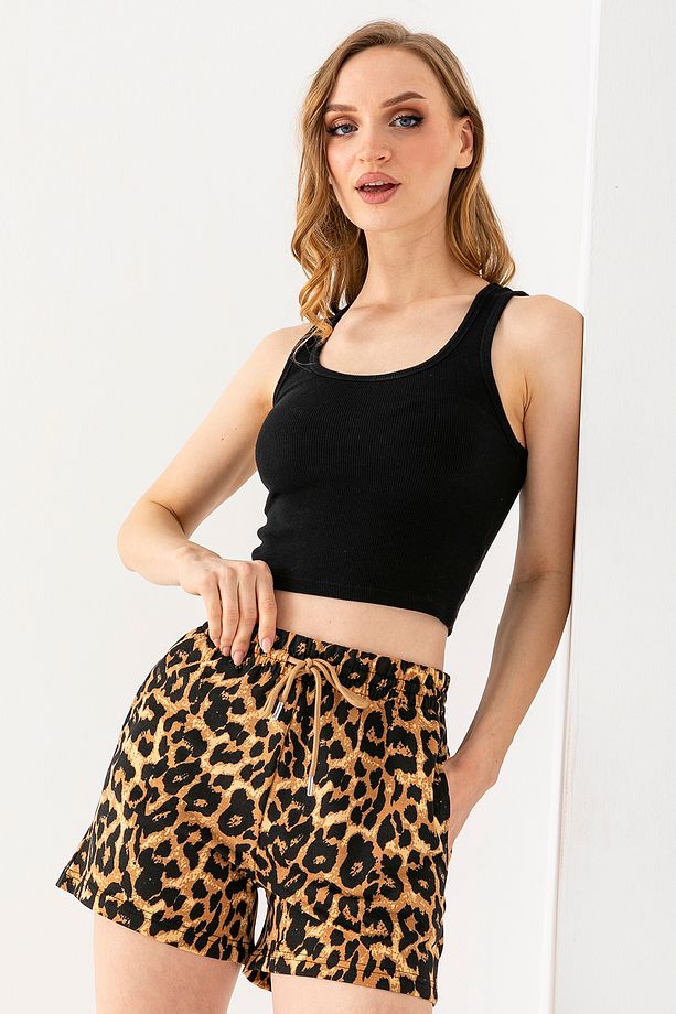 Kadın Beli Ayarlanabilir Çift Cepli Desenli Şort Leopar - 10047 - 6
