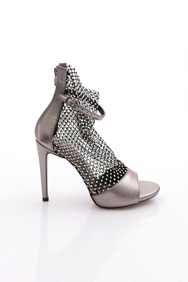 Women's Silver Stone Transparent Ankle Belt Tie Heeled Shoes 314233210