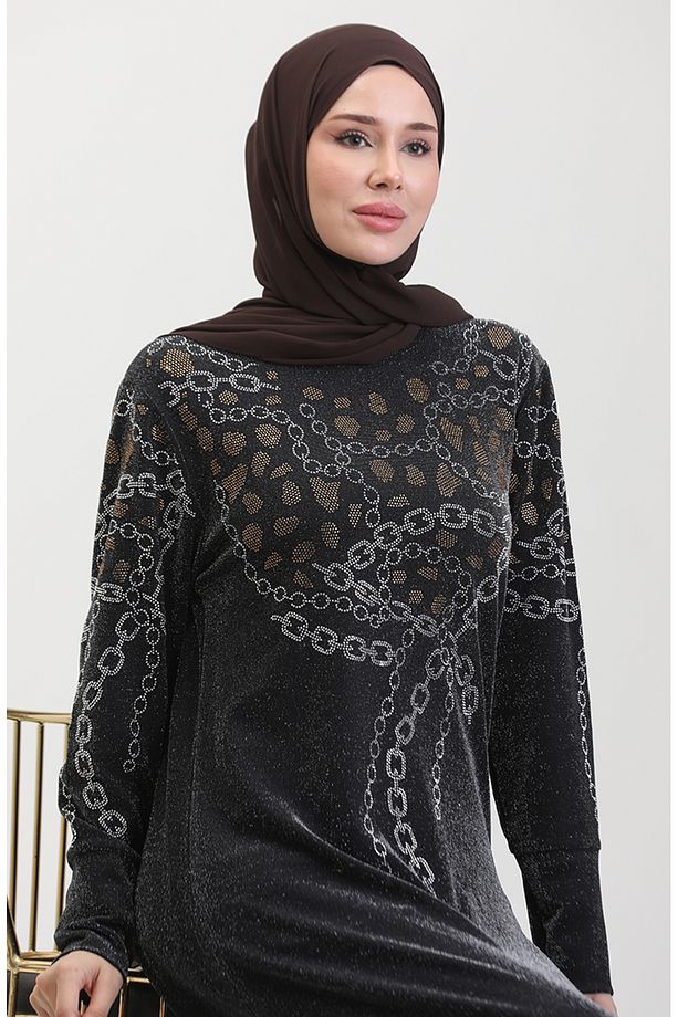 Taşlı Abiye Elbise 0433-02 Siyah Sarı - 3