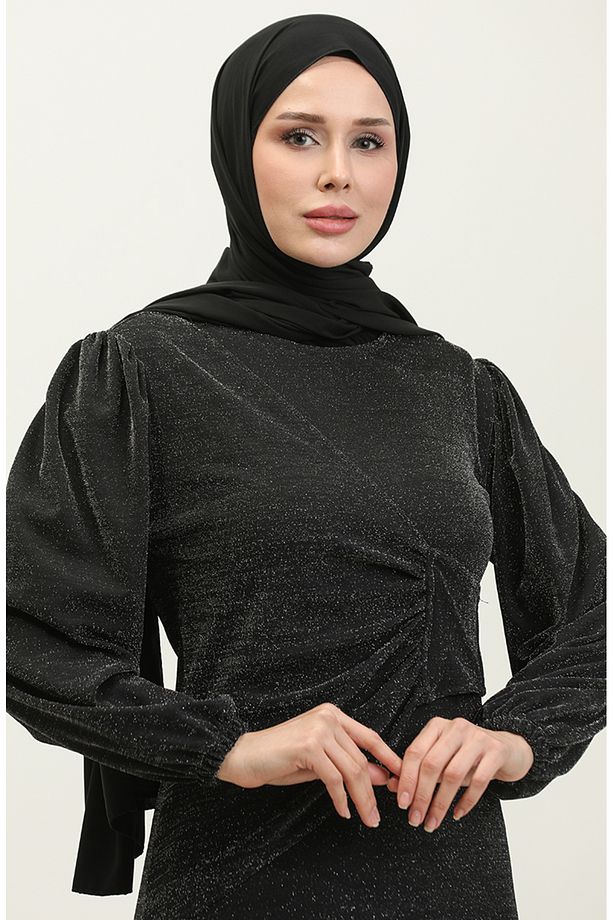 Alime Simli Abiye Elbise 0337-01 Siyah - 3