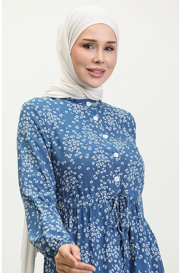 Gülsüm Yarım Düğmeli Çiçekli Viskon Elbise 0358-01 İndigo - 3