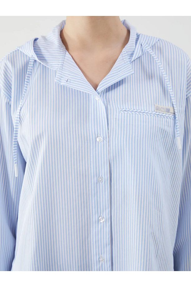 LCW Modest Mavi Kapüşonlu Çizgili Oversize Kadın Gömlek Tunik - 3