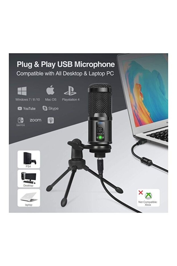 ميكروفون مكثف USB، وإلغاء ضوضاء مدمج ومؤشر LED للكمبيوتر الشخصي والألعاب، أسود - 4